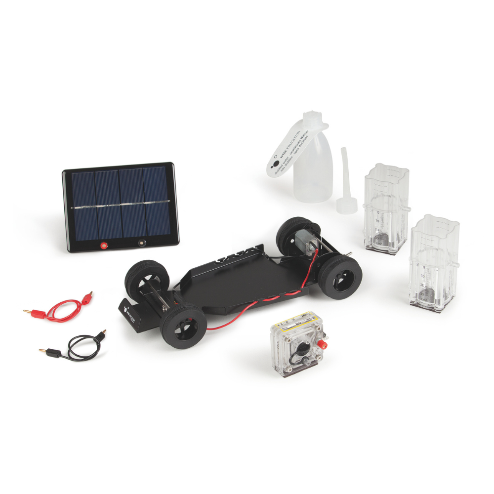 H-TEC Tutorial HyRunner Kit parts: solar module, car chassis, reversible fuel cell, tanks and leads