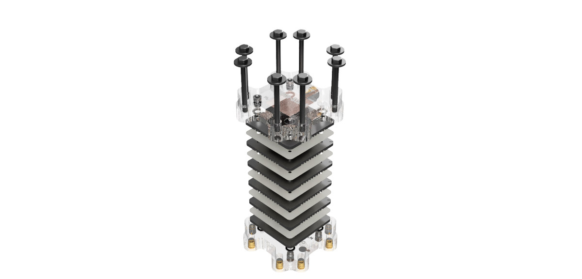 Adapta-Stack large multi-cell hydrogen/air PEM fuel cell stack, fully assembled, dark background