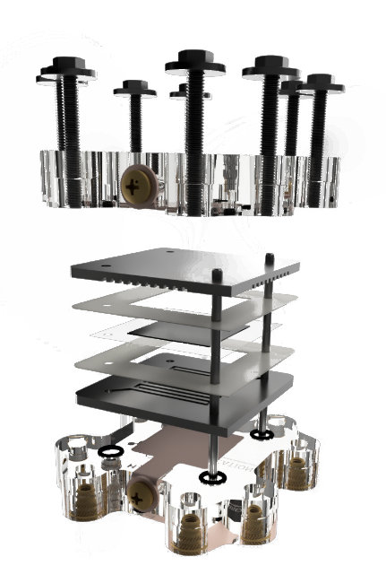 Exploded view of Adapta-Stack PEM fuel cell: end plates, bolts, graphite plates and MEAs