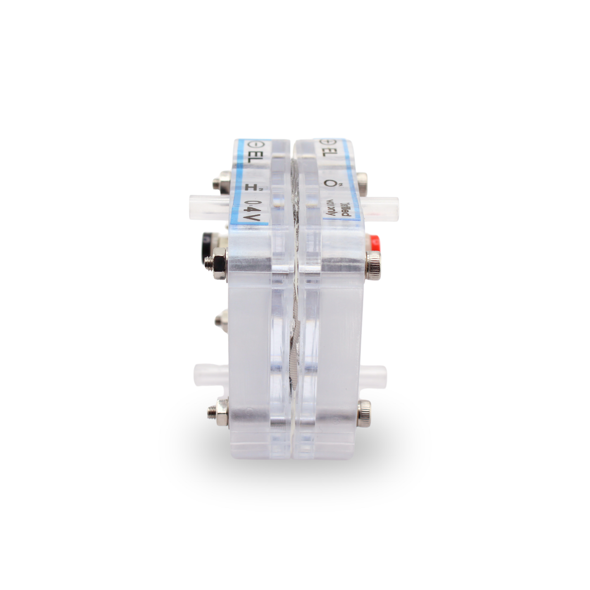 H-TEC Double Electrolyzer E104 transparent two-cell stack, side profile with gas ports