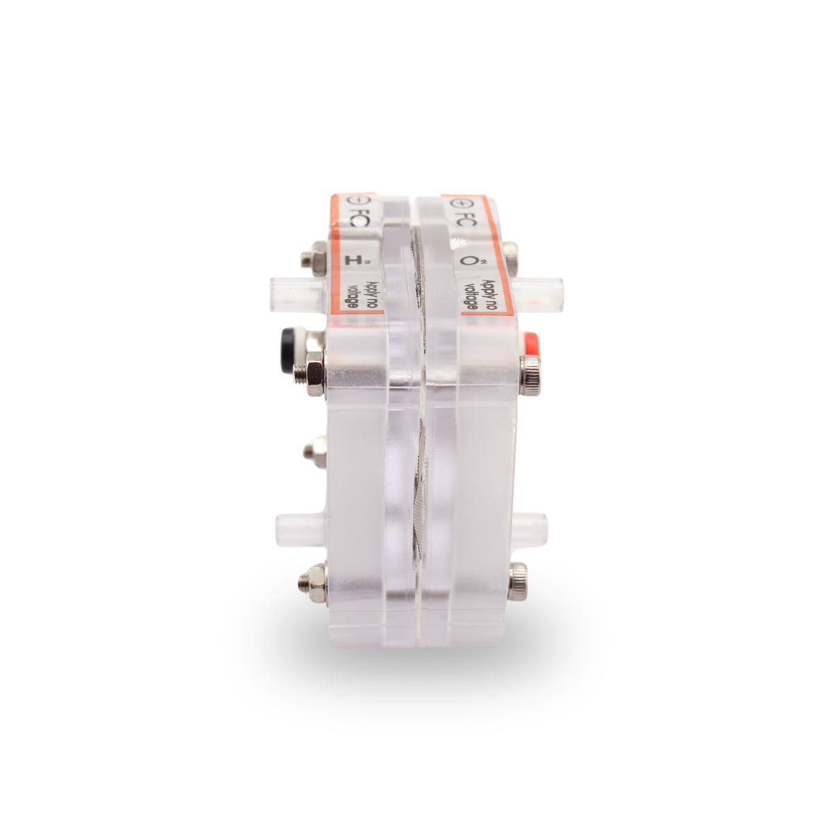 H-TEC Double Fuel Cell H2/O2 F102 transparent two-cell stack, side profile with gas ports