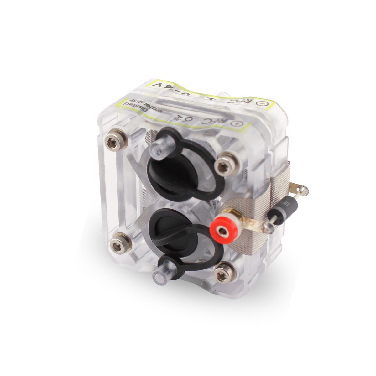 H-TEC R104 double reversible PEM fuel cell with stoppers and red terminal, rear view