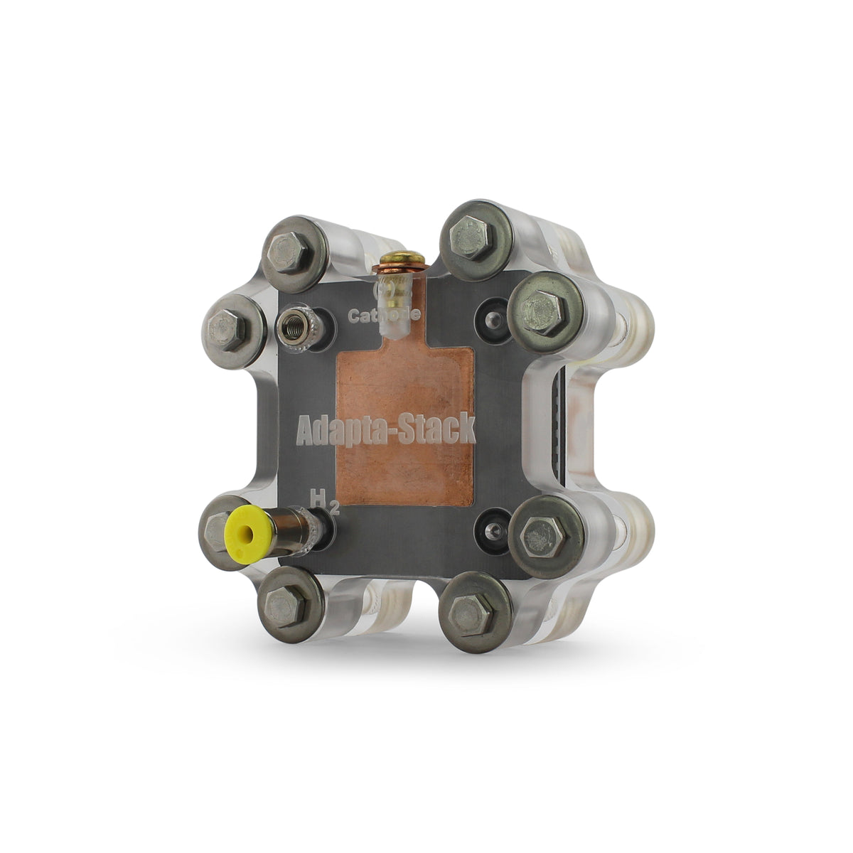DMFC Adapta-Stack direct methanol fuel cell with graphite end plate and fuel fitting, front view