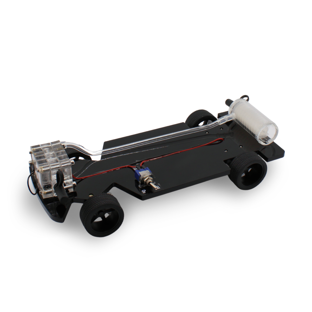 H-TEC D114 hydrogen fuel cell demo car with two-cell PEM fuel cell stack, hydrogen storage tank and on/off switch