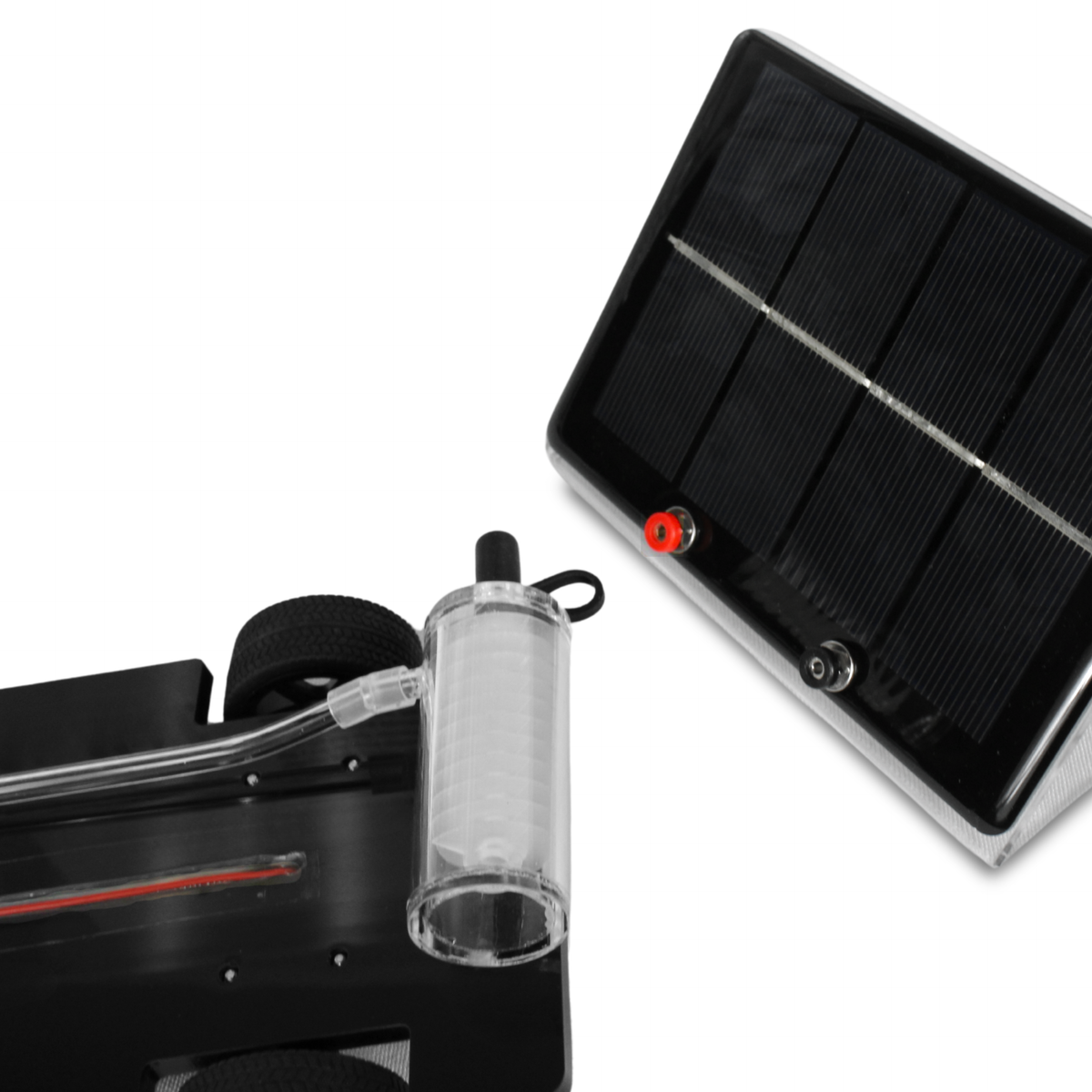 H-TEC D114 solar module powering the hydrogen demo, shown beside the fuel cell car and its hydrogen storage tank