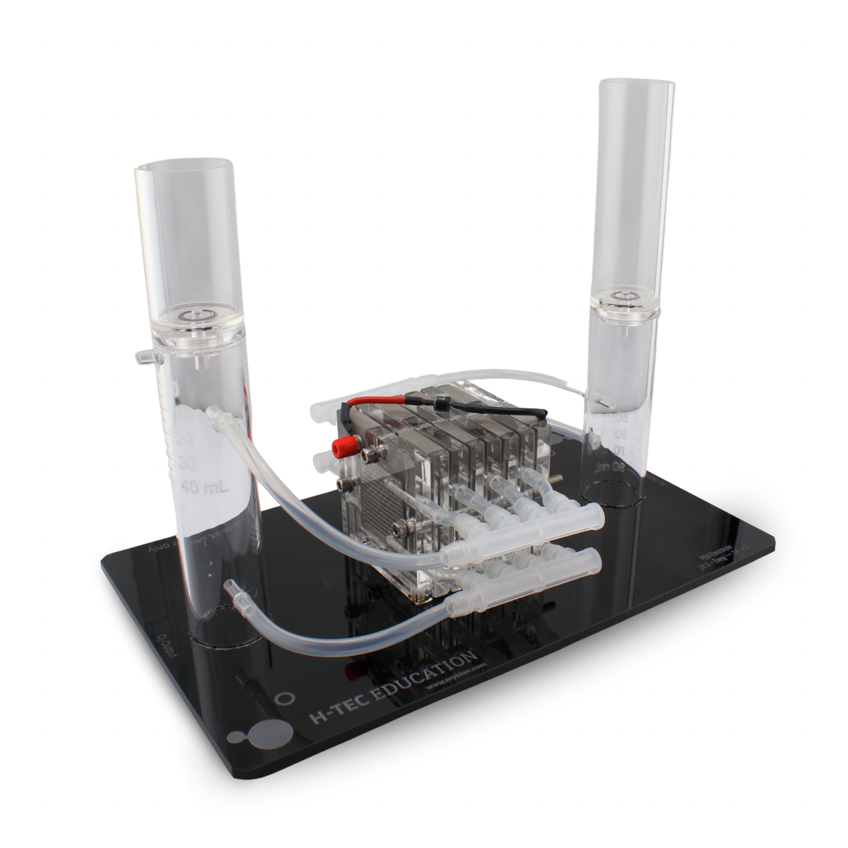 H-TEC Electrolyzer 230 (E207) 7-cell PEM hydrogen electrolyzer stack, 16 cm² cells, on black base plate, front view