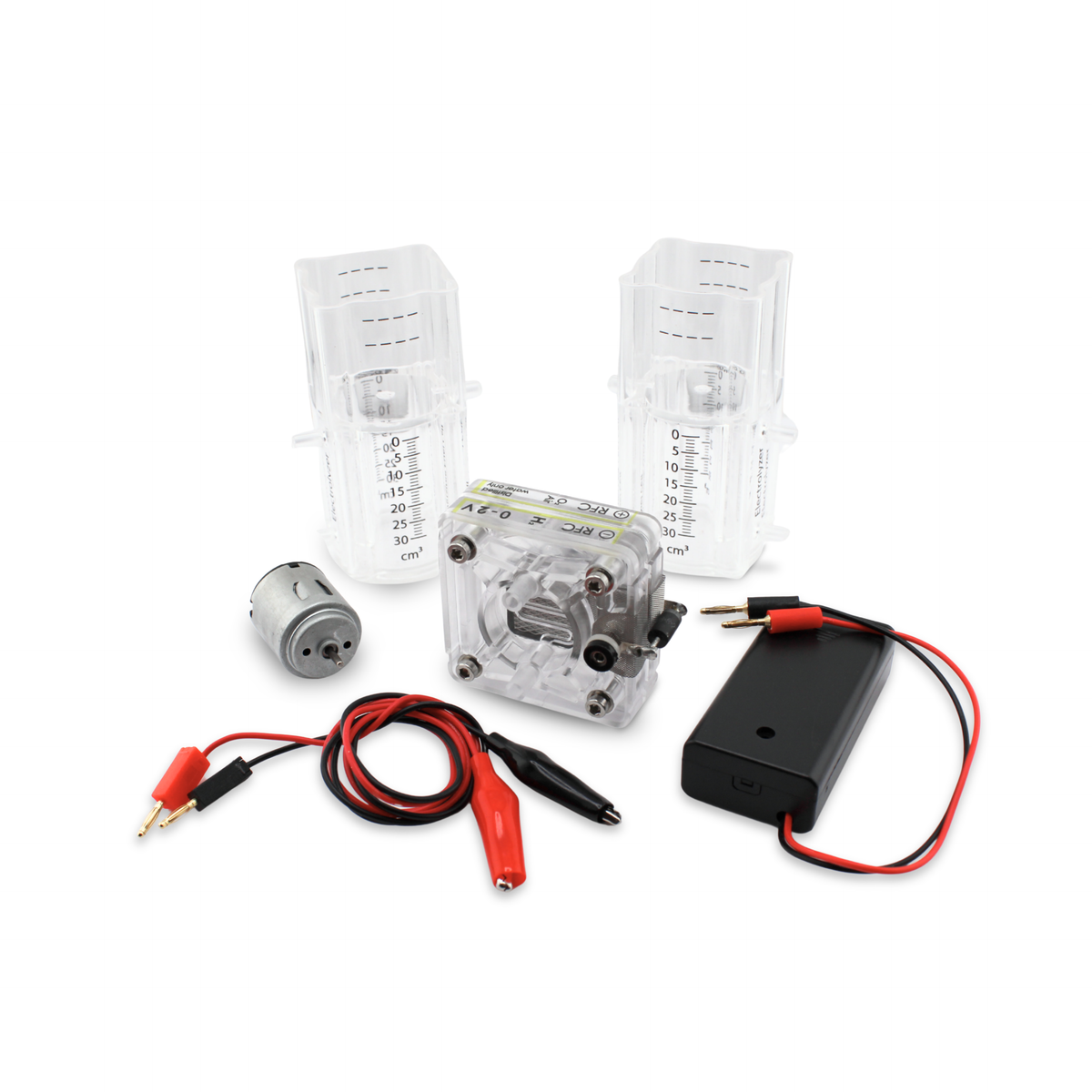 H-TEC Fuel Cell Science Fair Kit (J105) contents: hydrogen fuel cell, motor, H2/O2 storage cylinders, cables and battery box