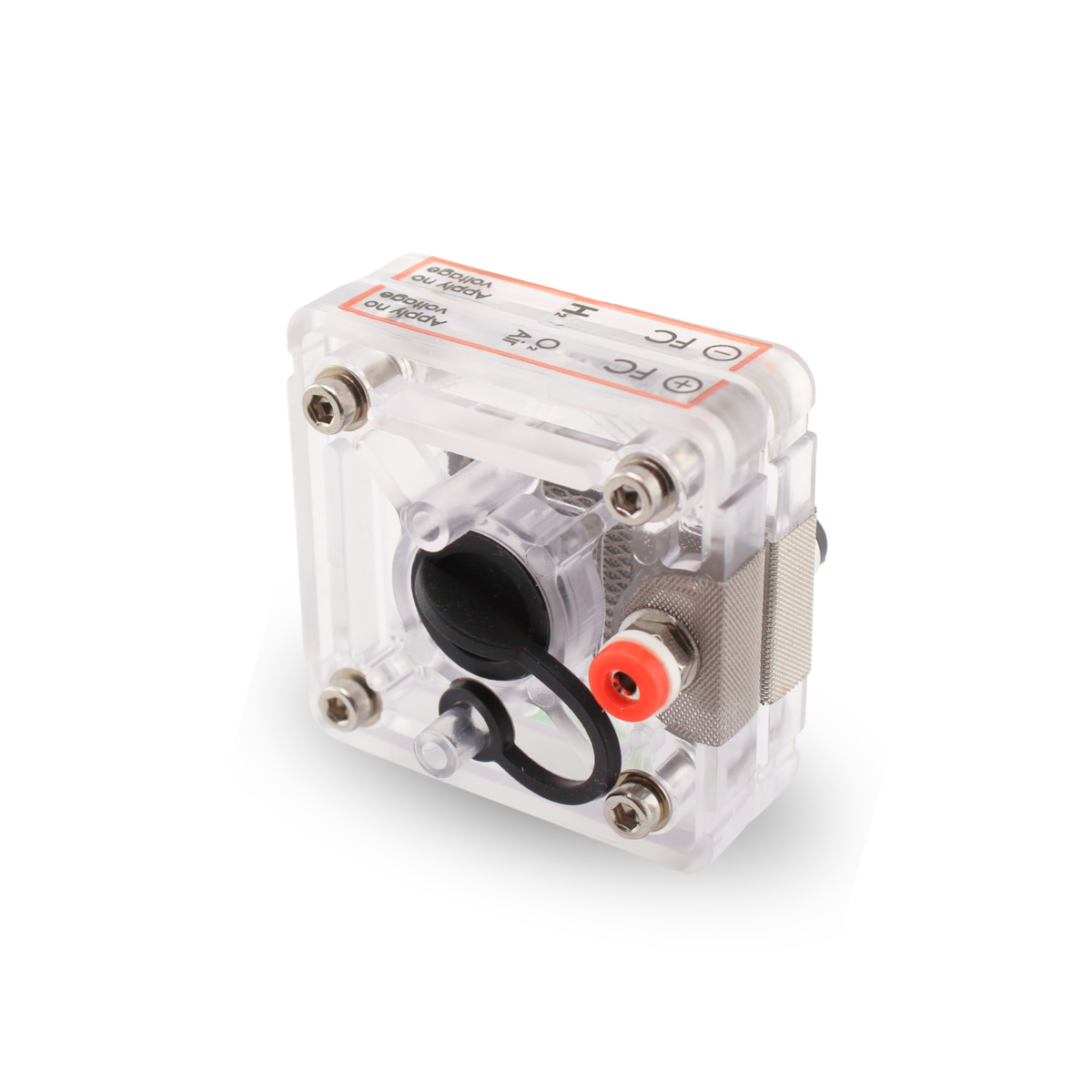 H-TEC F103 PEM fuel cell with air-breathing stopper and red terminal, rear view