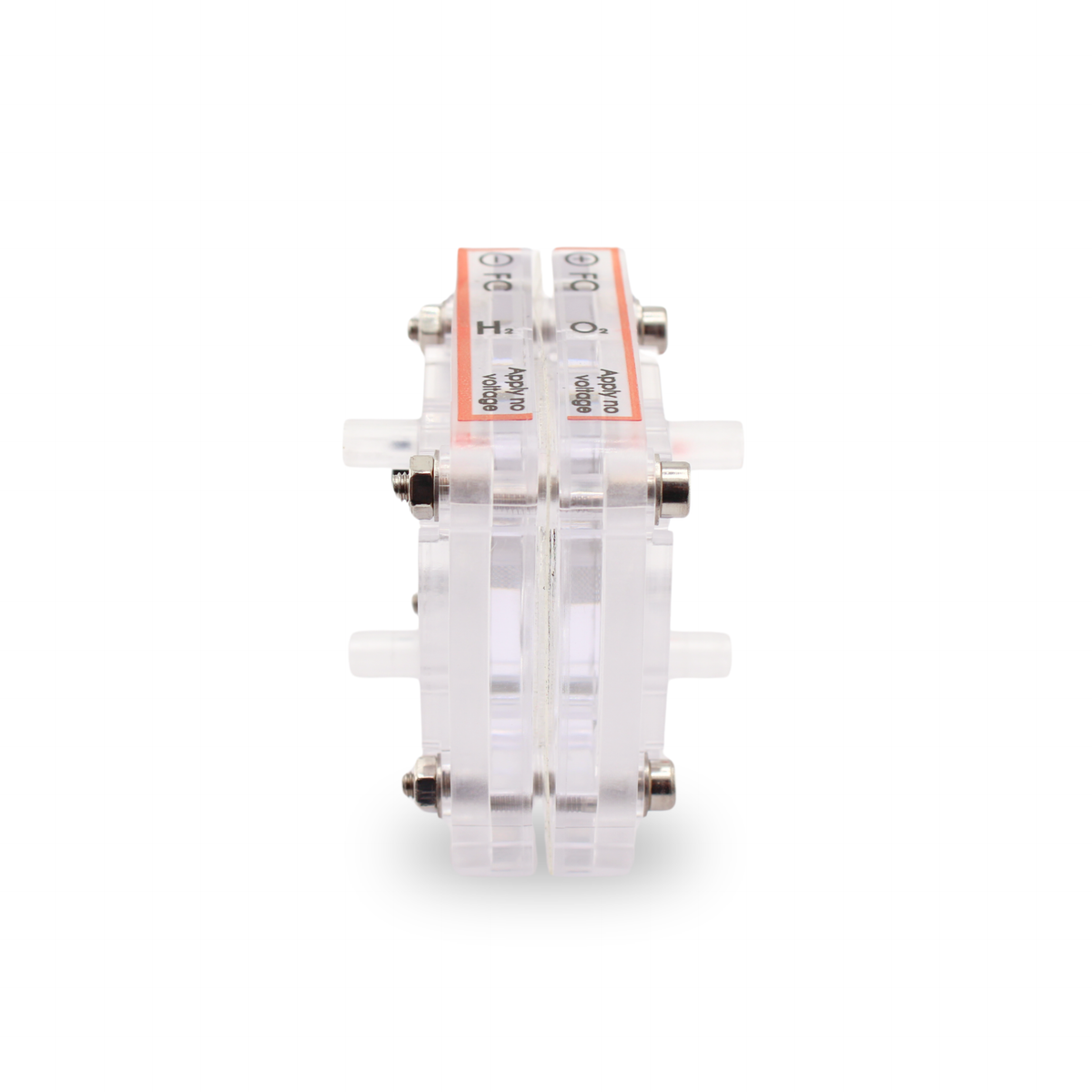 H-TEC Single Fuel Cell H2/O2 F101 transparent cell, side profile with gas inlets
