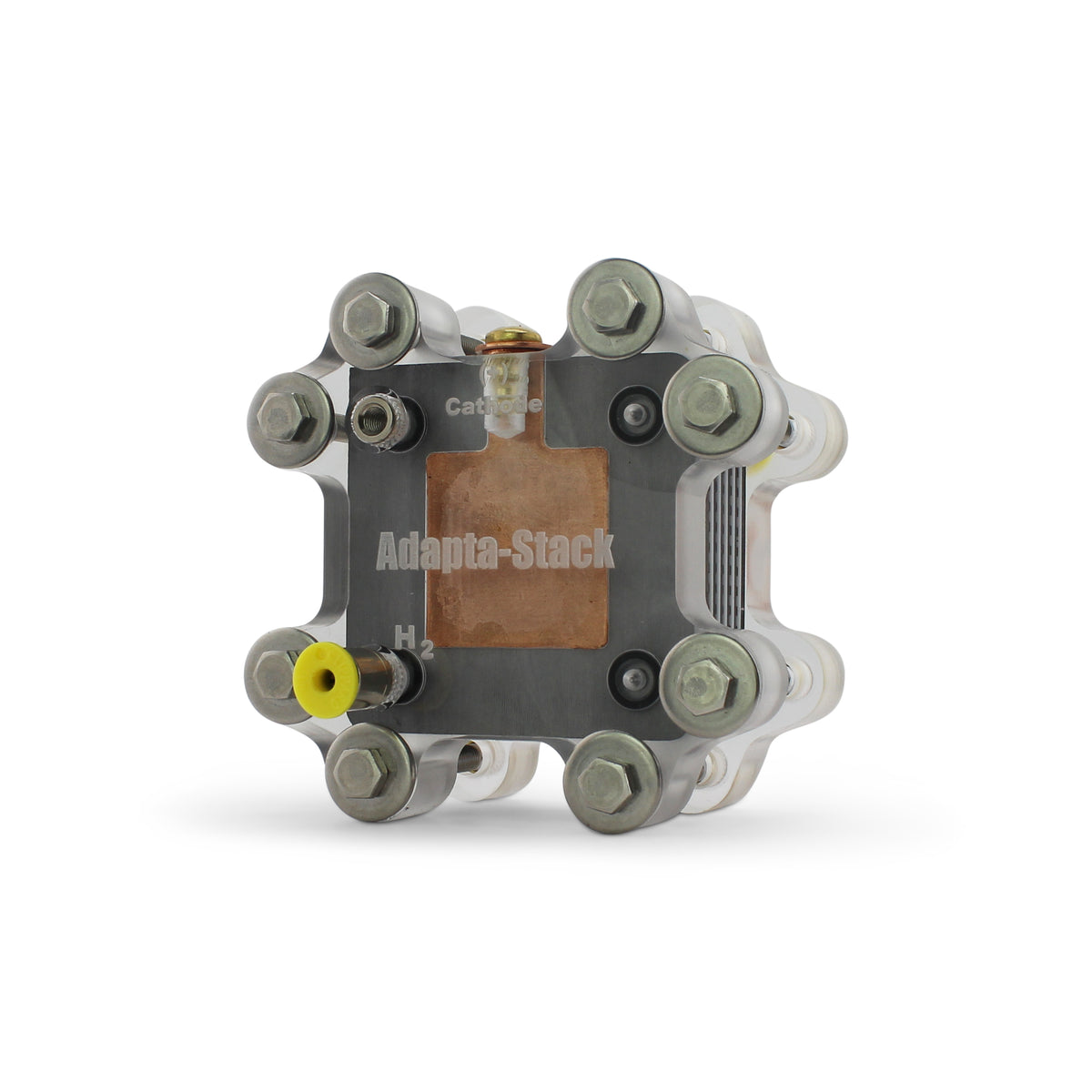 Adapta-Stack H2/air PEM fuel cell stack with copper current collector and gas fitting, angled view