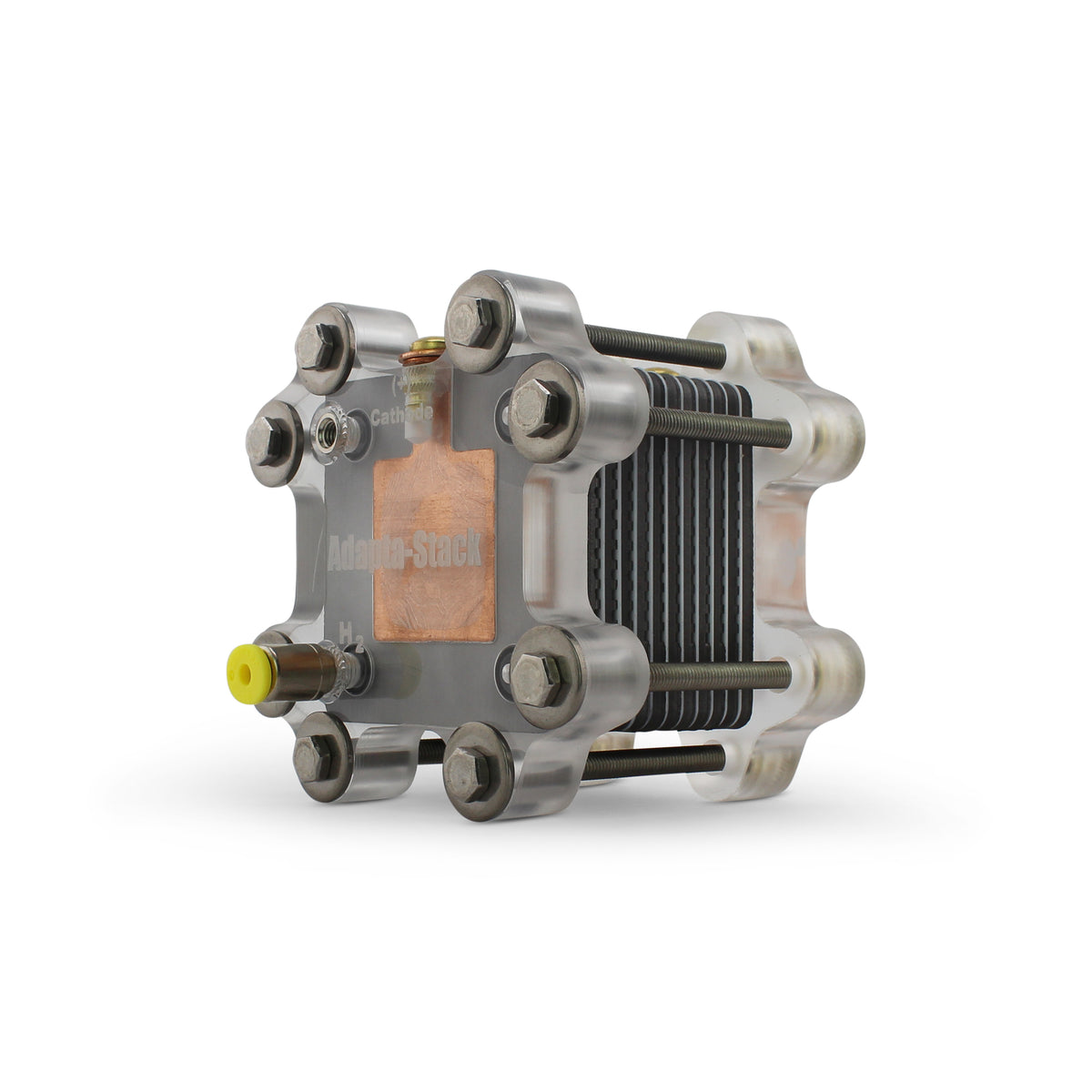 Adapta-Stack multi-cell hydrogen/air PEM fuel cell stack with graphite flow field plates, side view