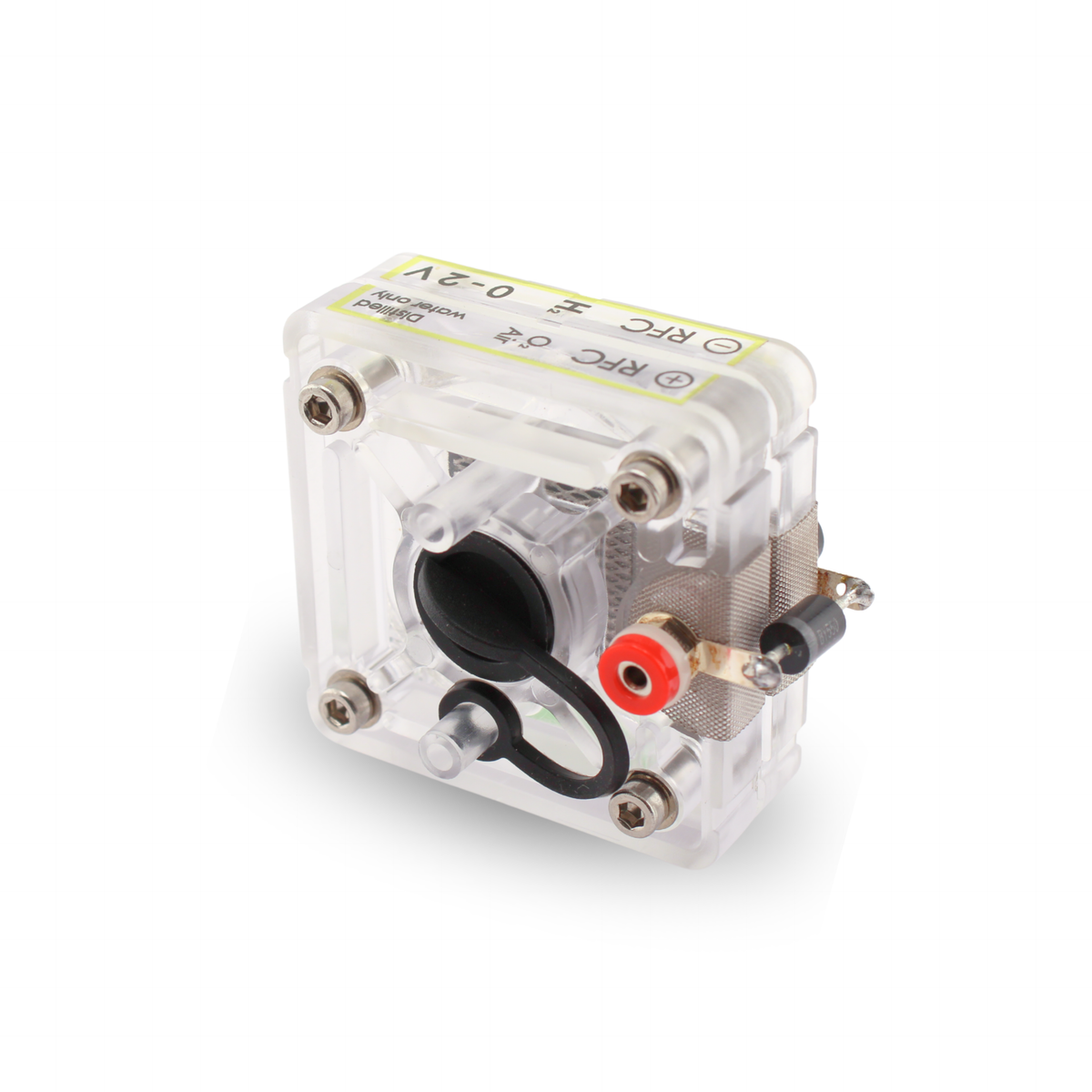 H-TEC R103 reversible PEM fuel cell with air stopper and red terminal, rear view