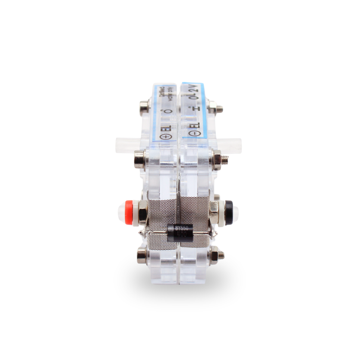 H-TEC E103 PEM electrolyzer for water electrolysis experiments, side view with terminals