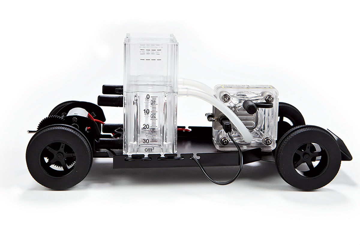 H-TEC Tutorial HyRunner hydrogen car, side view showing reversible PEM fuel cell and tanks