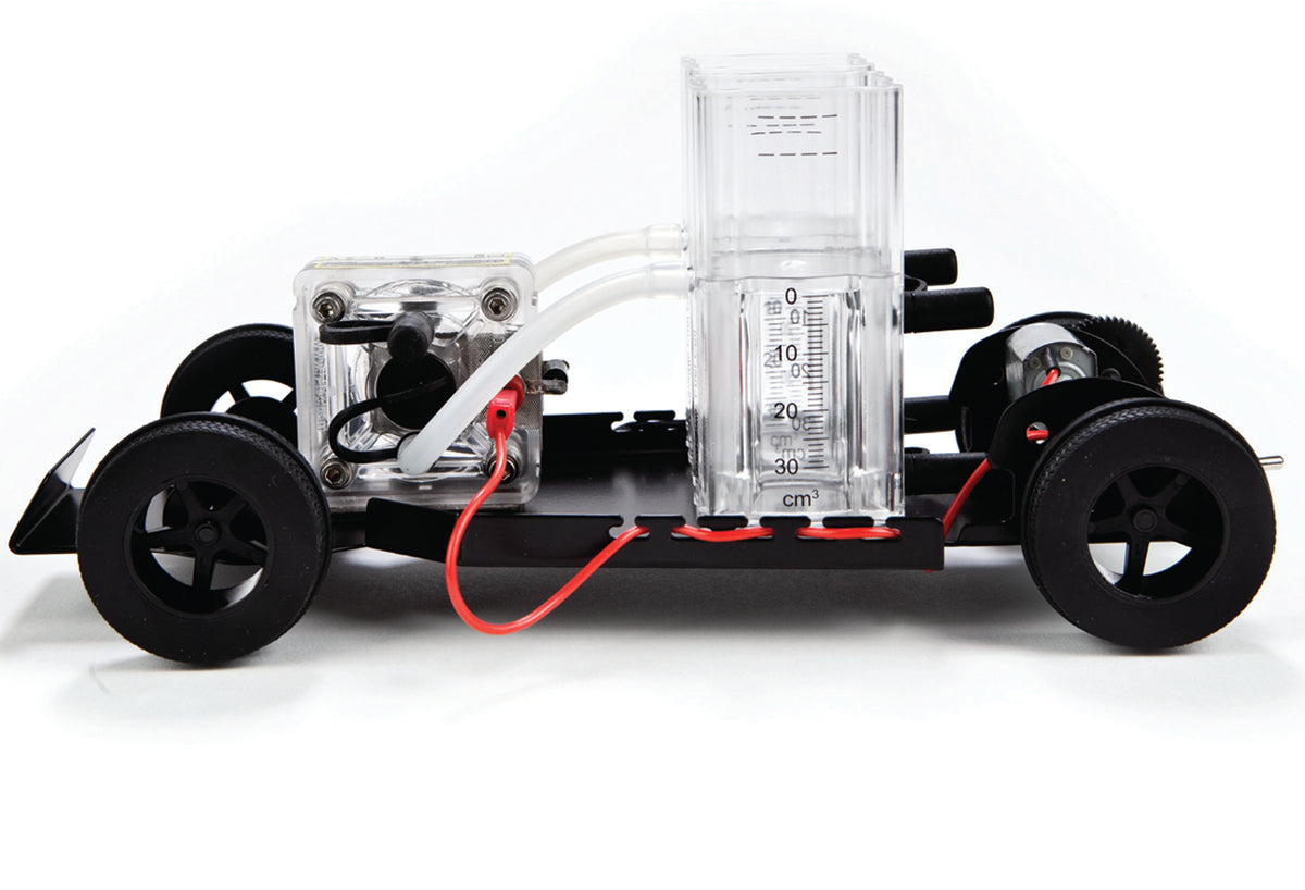 H-TEC HyRunner solar hydrogen model car, rear side view with gas tanks and wiring